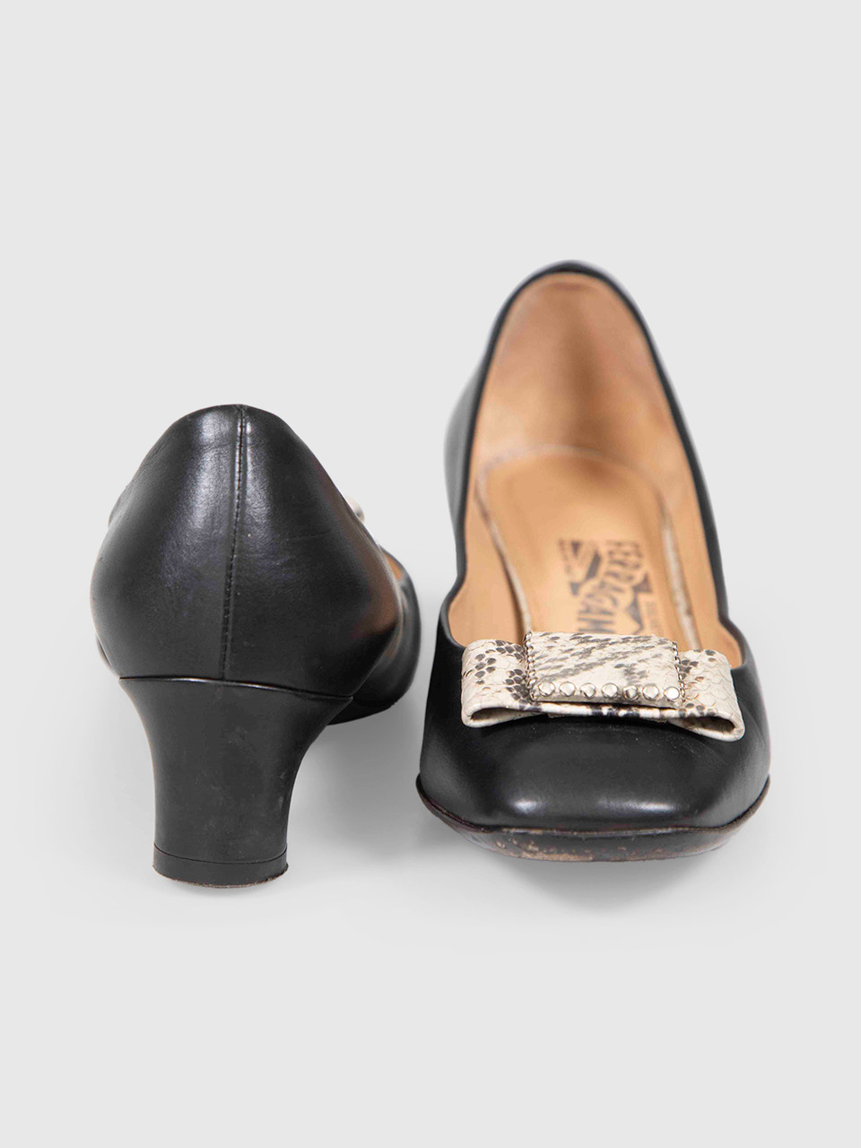 Salvatore Ferragamo Black Leather Snake Bow Pumps