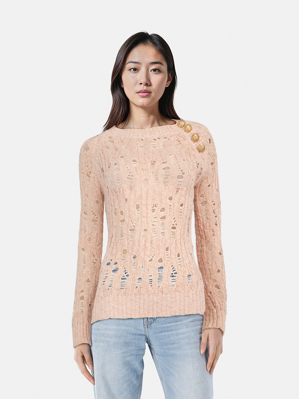 Balmain Pink Sheer Long Sleeve Sweater