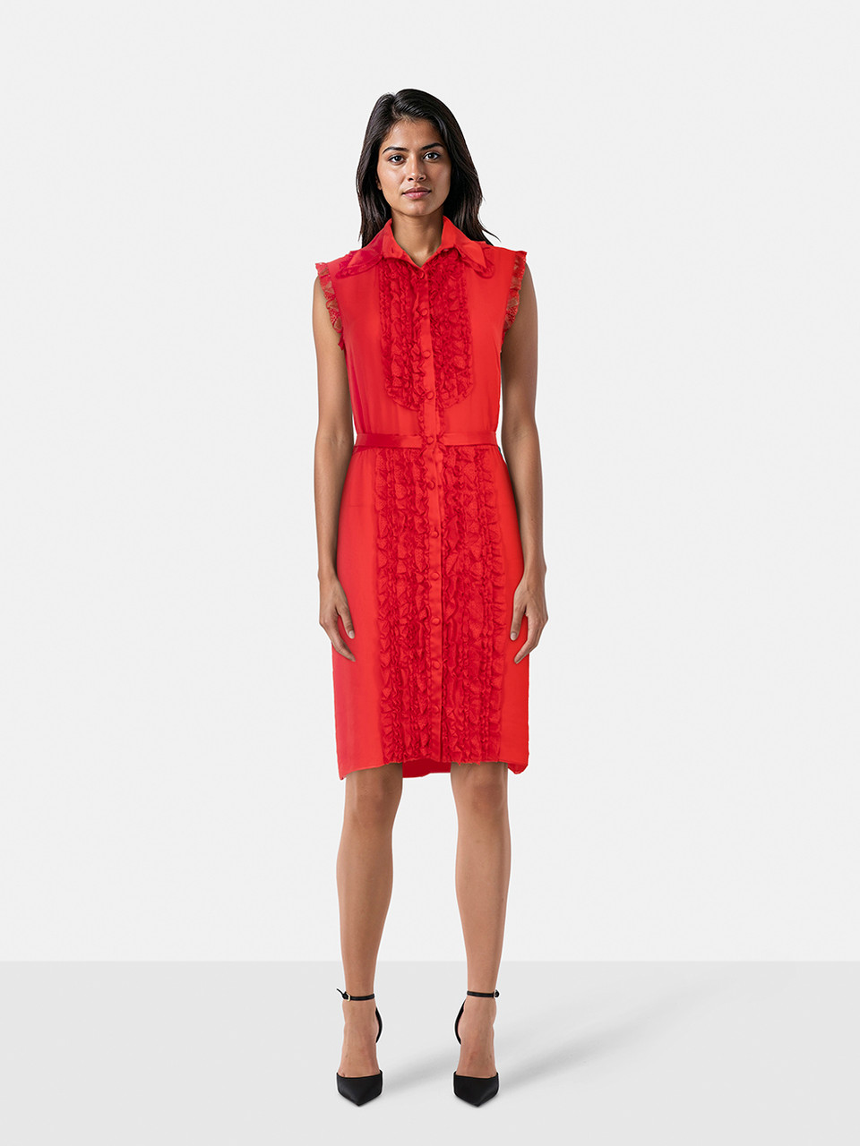 Valentino Garavani Red Sleeveless Lace Ruffle Trim Dress