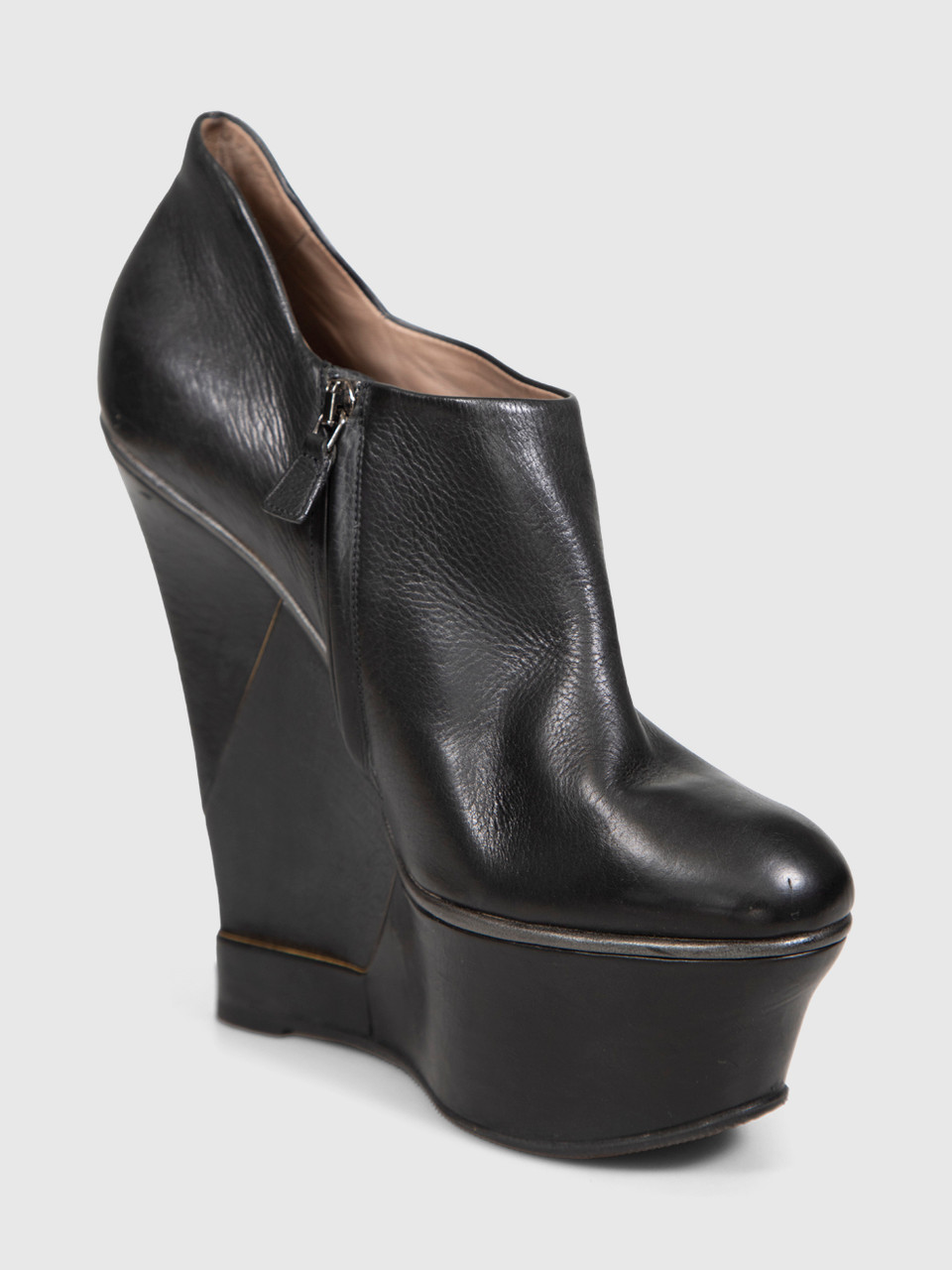 Lanvin 2010 Hiven Black Leather Wedge Ankle Boots