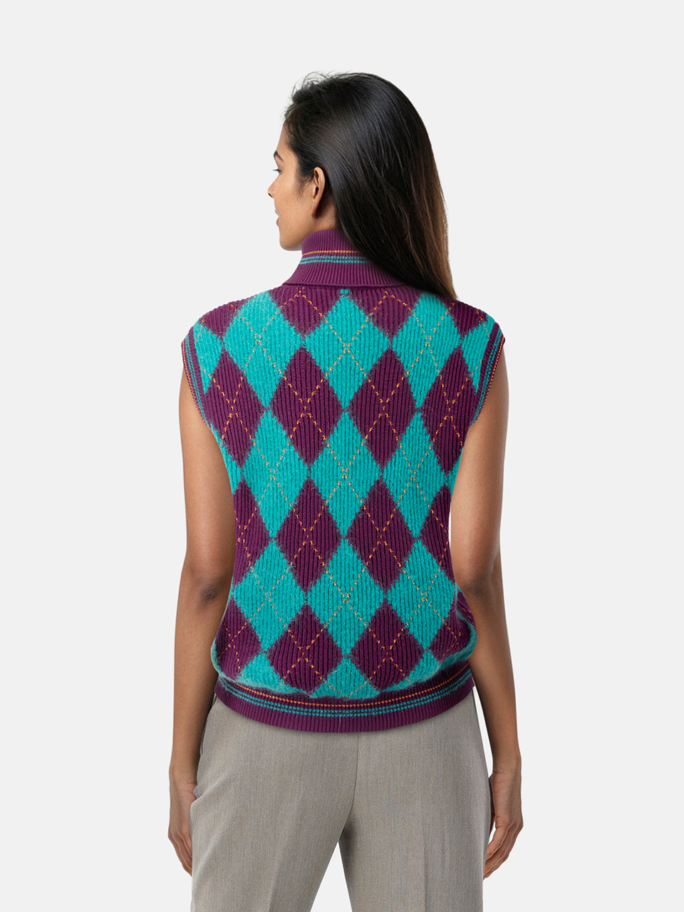 Versace Teal & Purple Wool Argyle Knit Vest