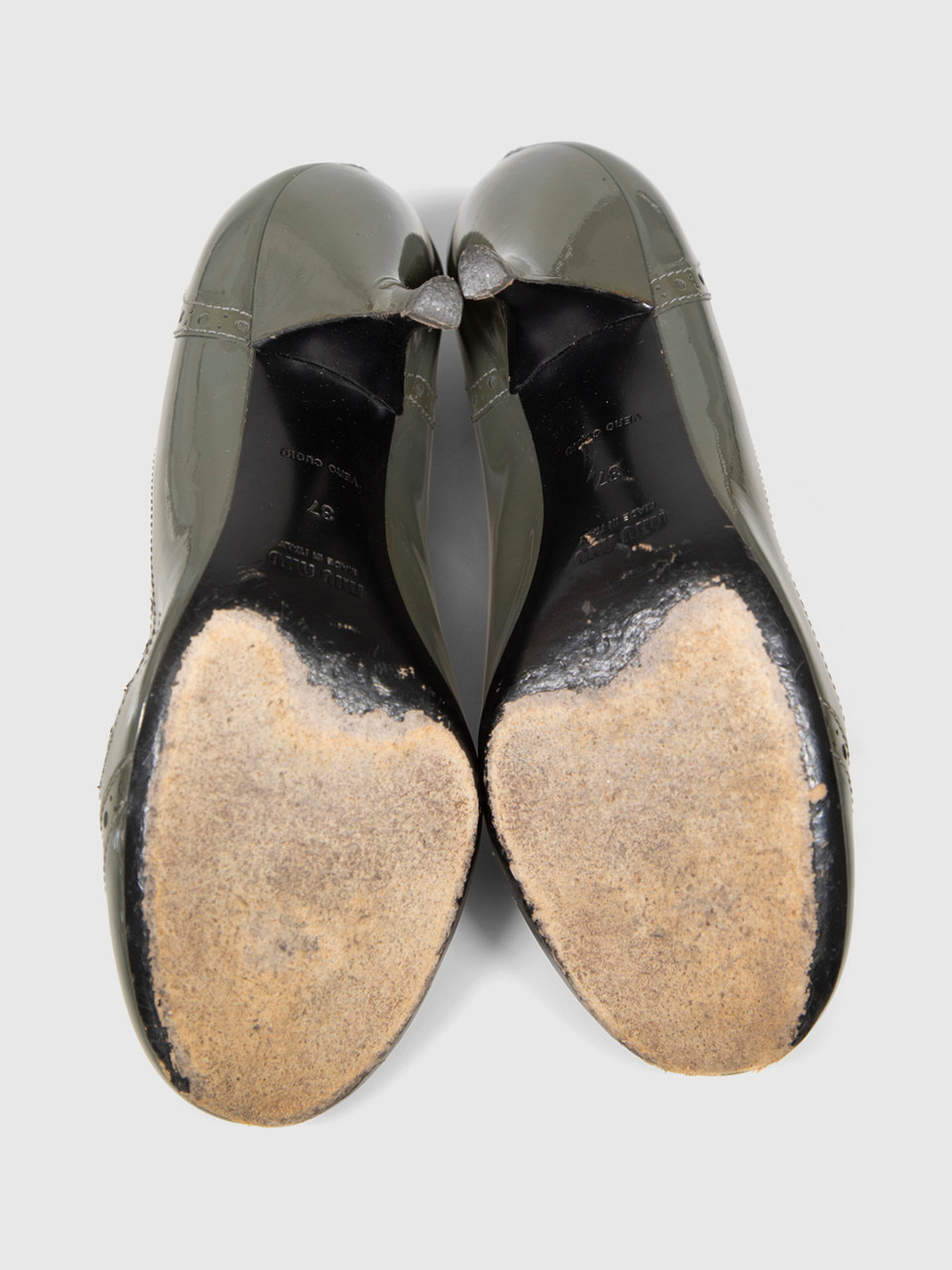 Miu Miu Khaki Patent Broderie Pumps