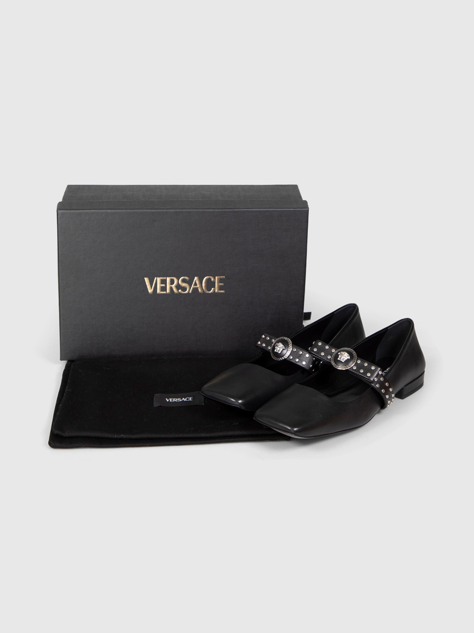Versace Black Leather Studded Bow Ballet Flats