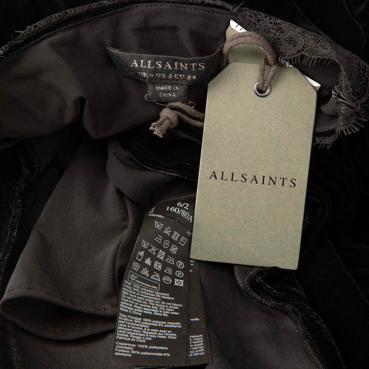 All Saints Black Velvet Noa Midi Dress