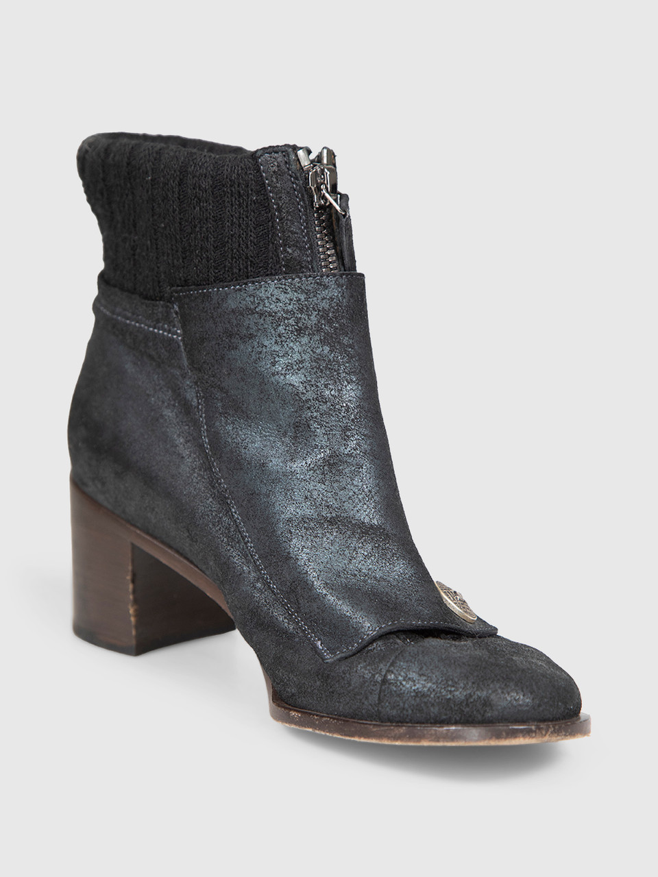 Chanel Black Leather & Knit Ankle Heeled Boots