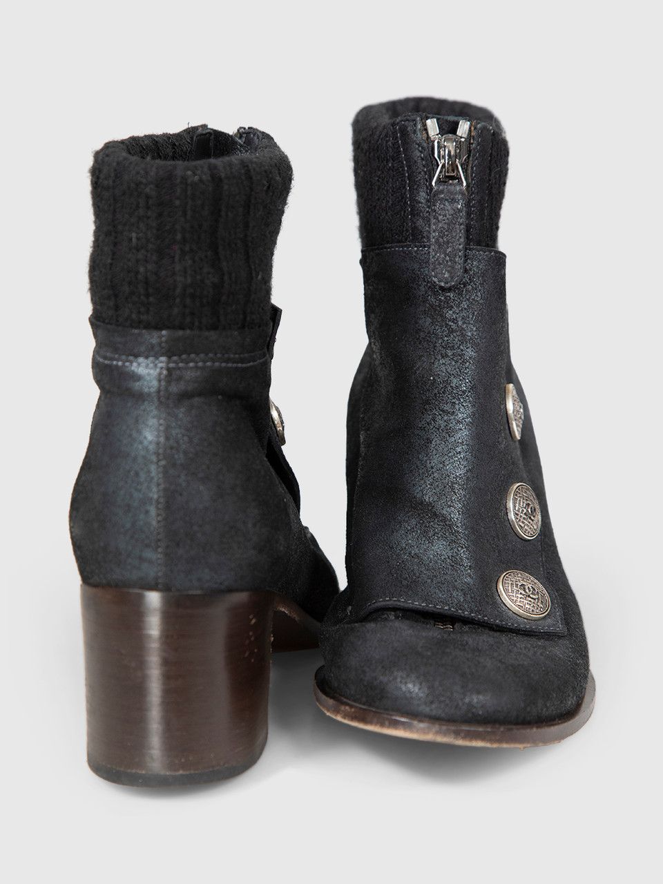 Chanel Black Leather & Knit Ankle Heeled Boots