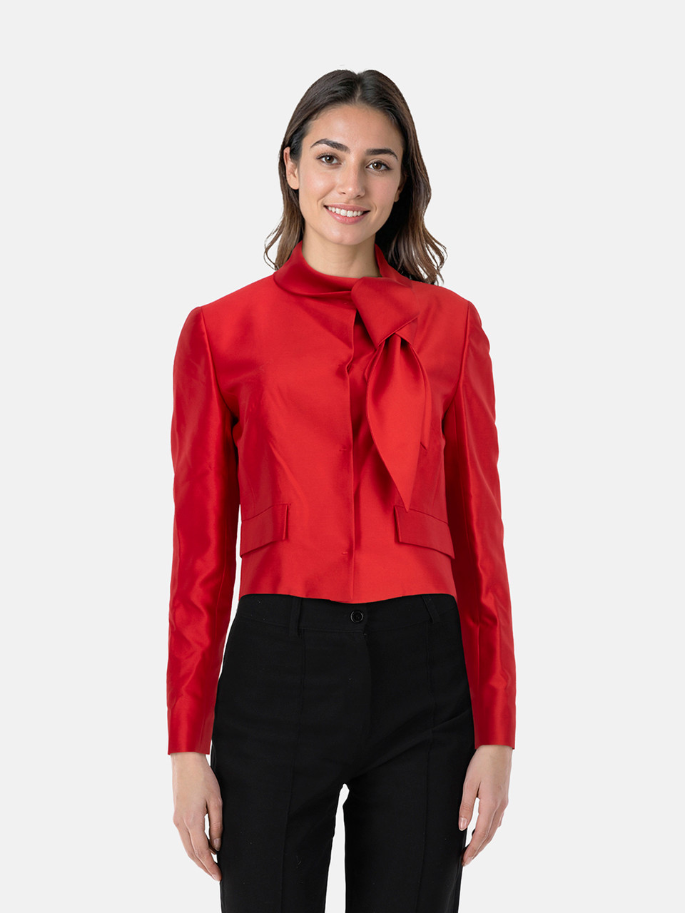 Valentino Garavani Red Silk Neck Tie Cropped Blazer