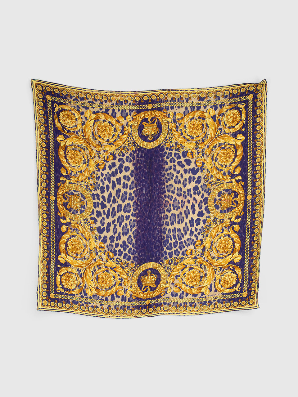 Versace Blue & Gold Silk Leopard Baroque Scarf