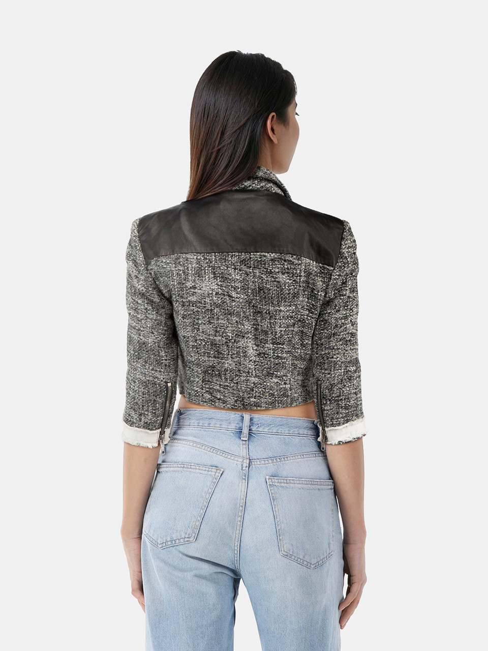 MSGM Grey & Black Asymmetric Zip Cropped Jacket