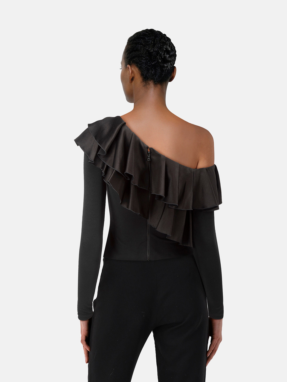 Alice + Olivia Black Ruffle Asymmetric Top