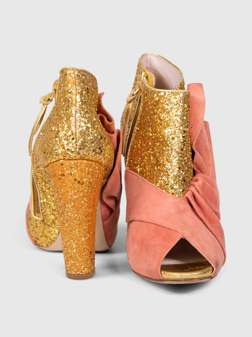 Miu Miu Gold Glitter Pink Bow Heel Boots