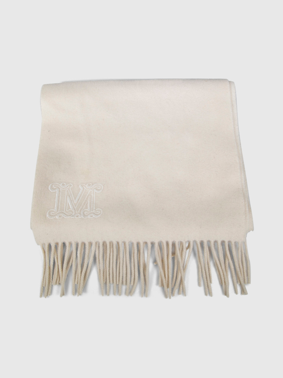Max Mara Ecru Logo Embroidered Fringed Scarf