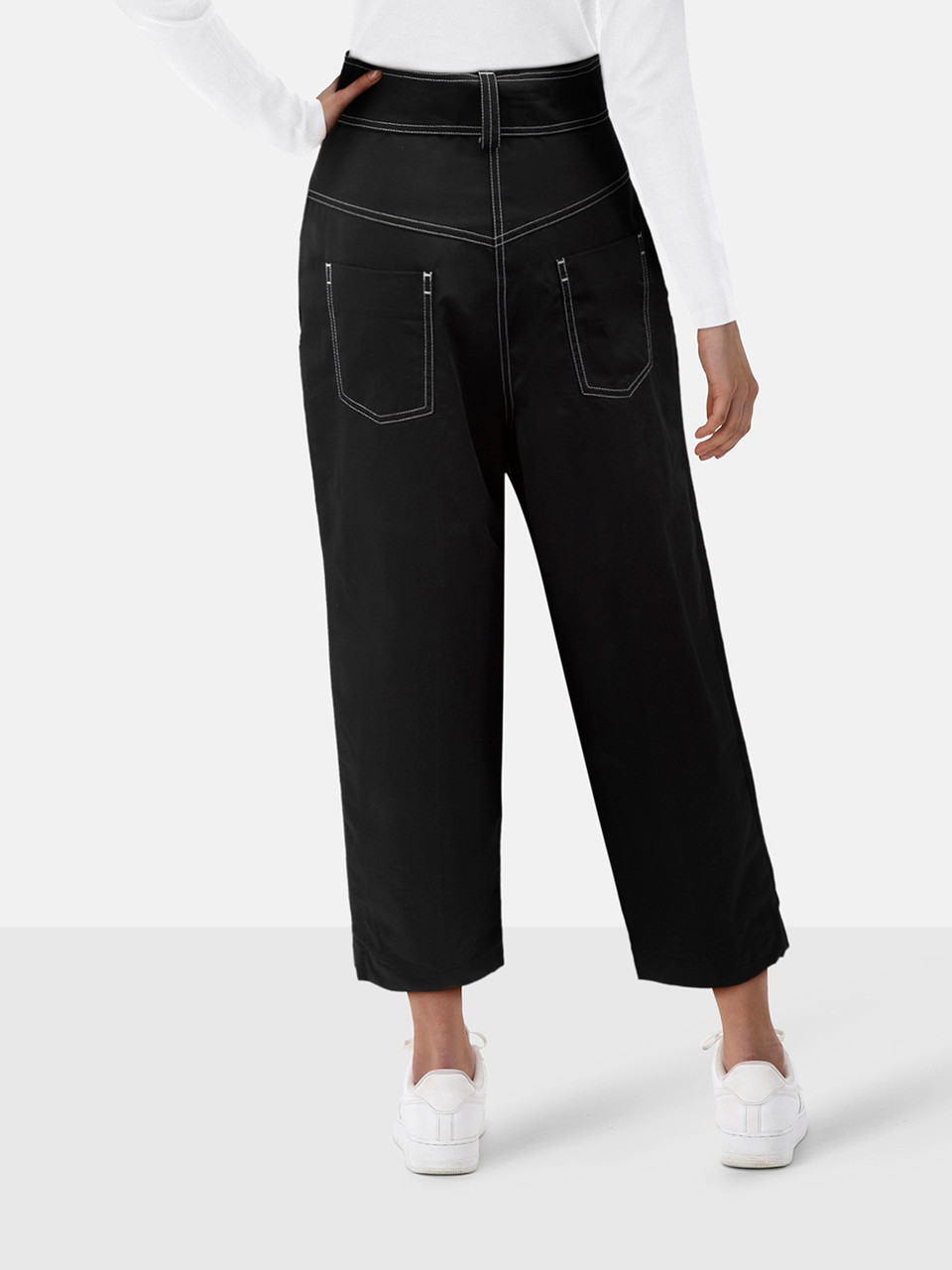 Sandro Black Contrast Stitch Belted Trousers