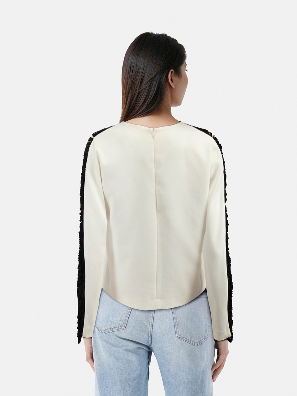 Sandro White Blouse With Sheer Black Panel Sleeves