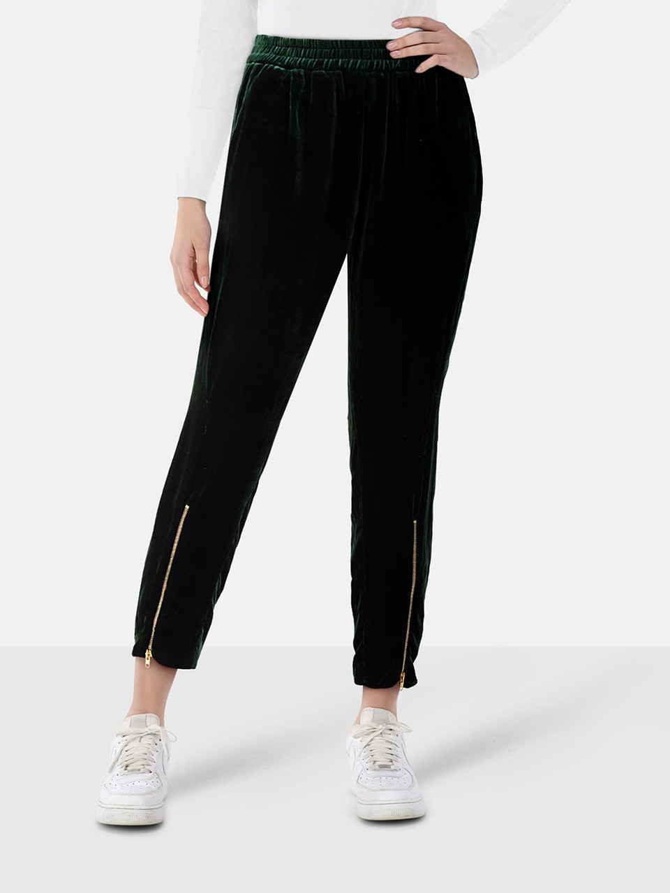 Sandro Green Velvet Slim Zipped Cuff Trousers