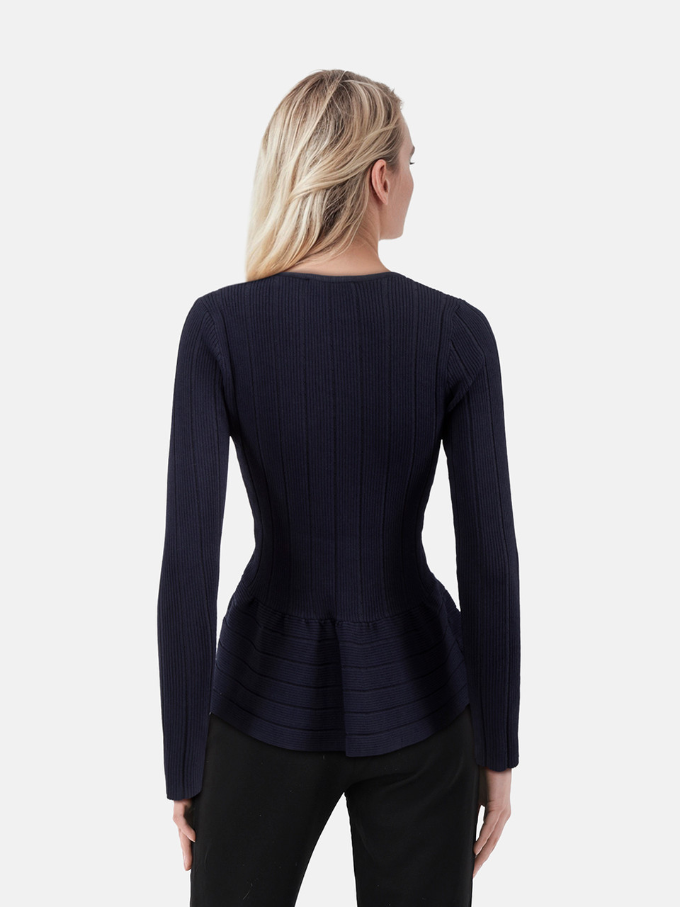 Sandro Navy Ribbed Long Sleeve Peplum Top