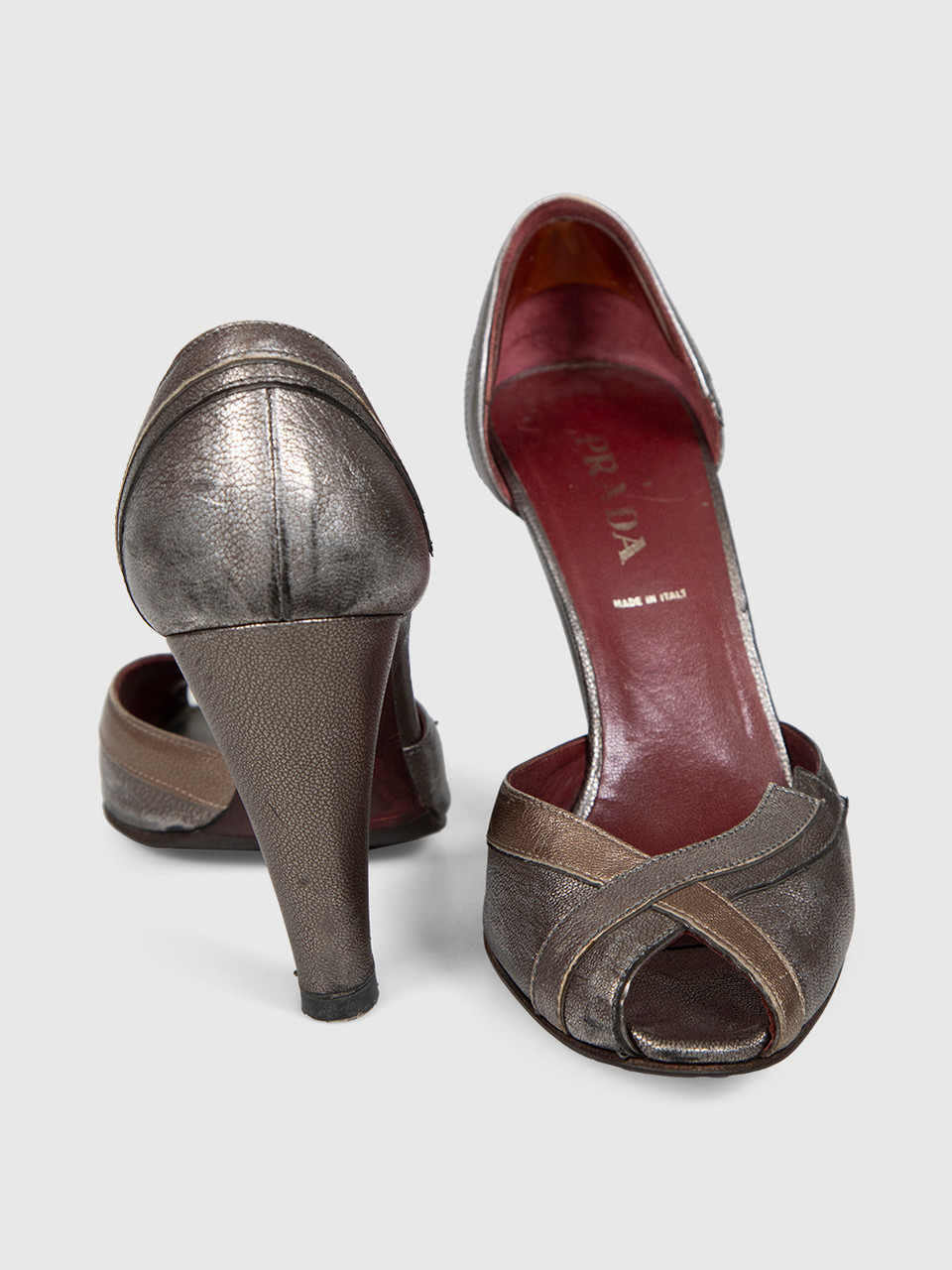 Prada Silver Leather Peep Toe Heels