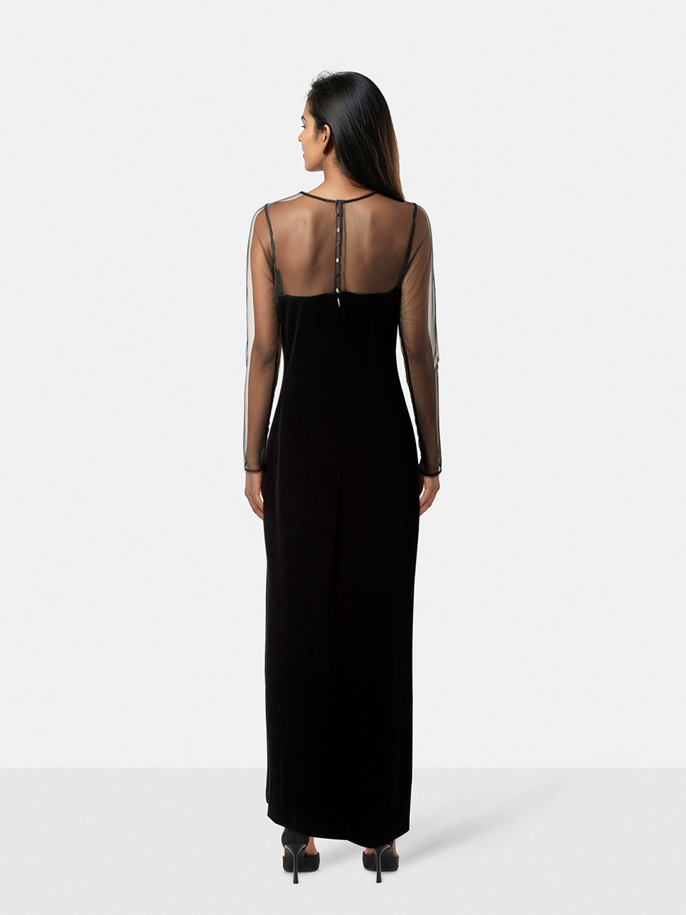 Anne Fontaine Black Velvet Mesh Detail Maxi Dress