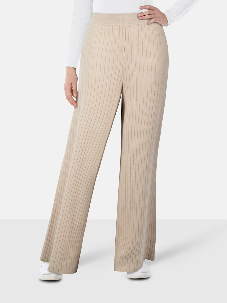 Loro Piana Beige Cashmere Knit Wide Leg Trousers