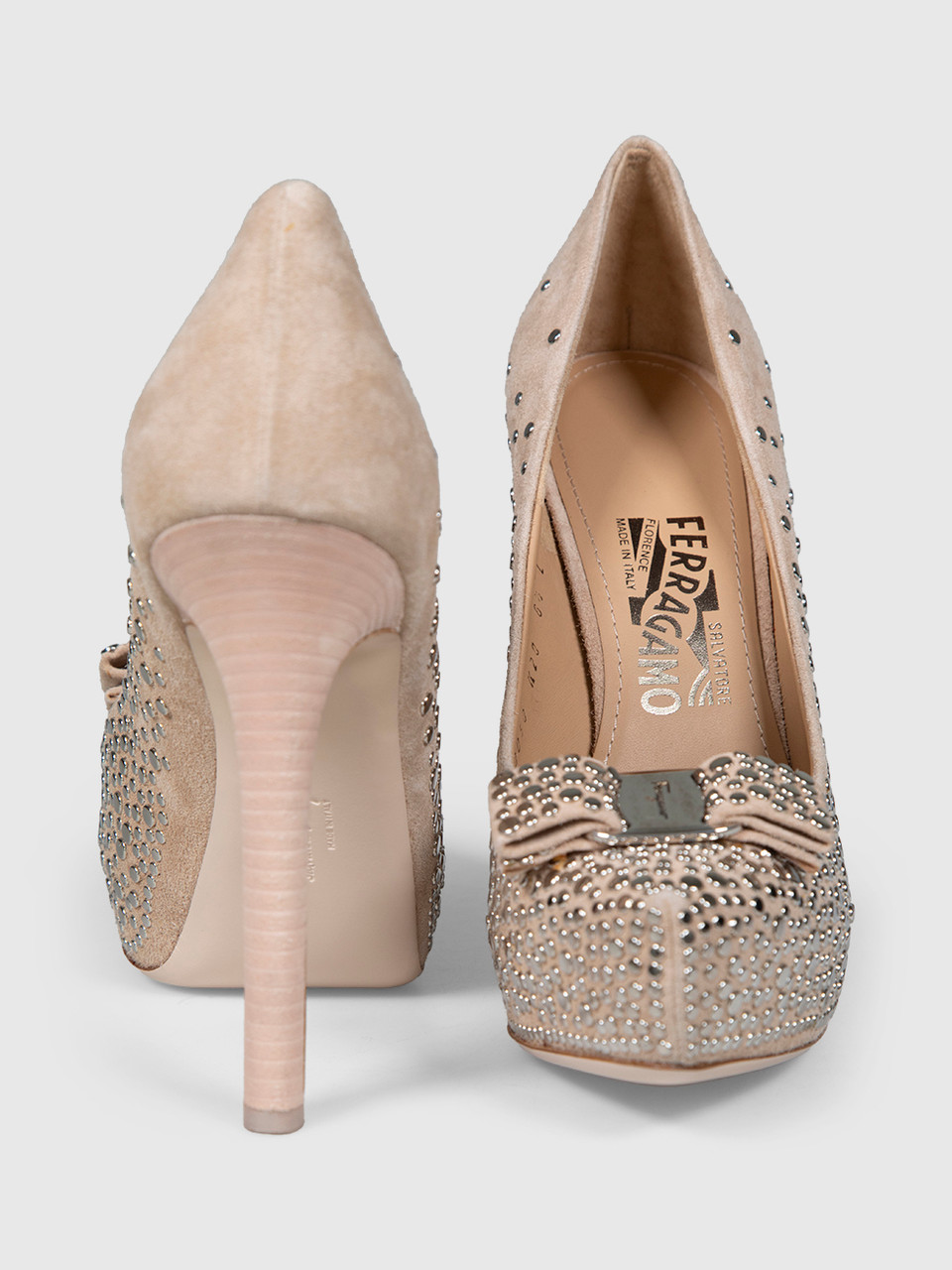 Salvatore Ferragamo Beige Suede Silver Stud Pumps