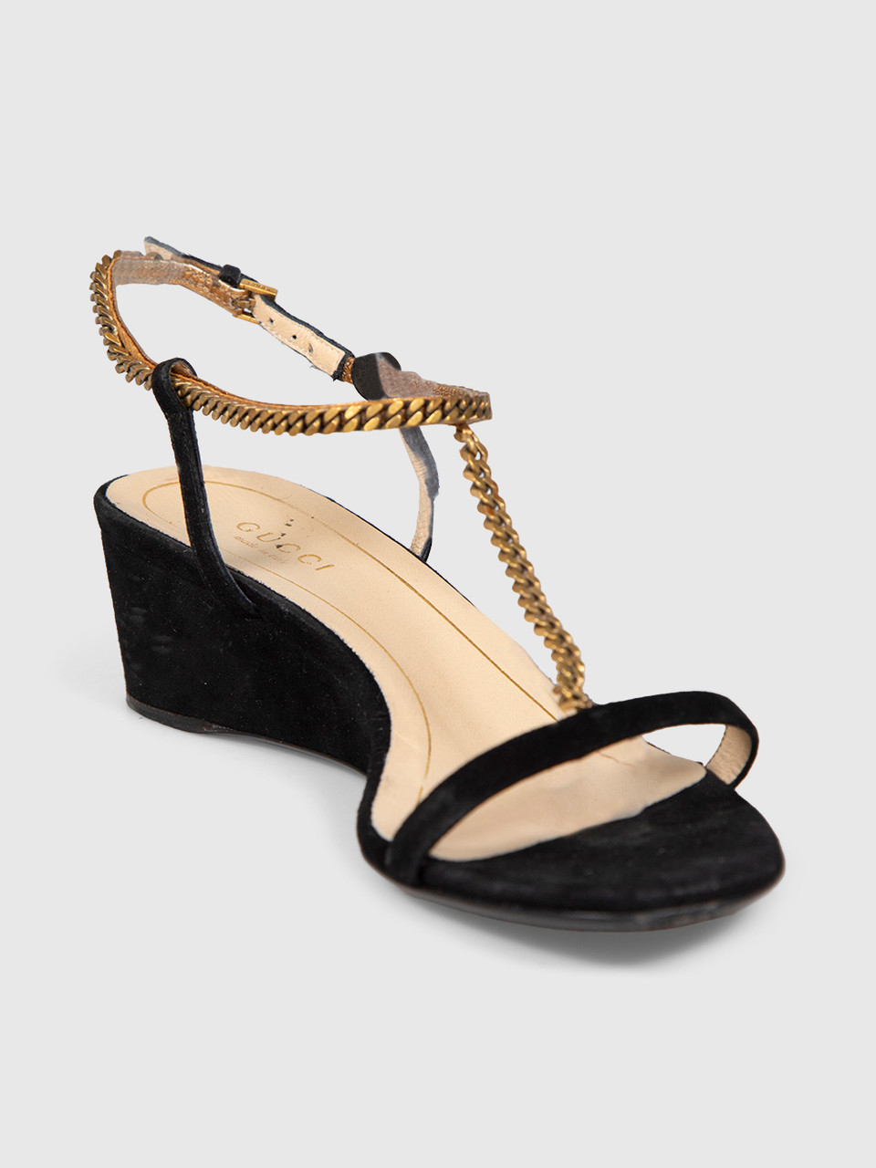 Gucci Black Suede Chain Strap Wedge Sandals