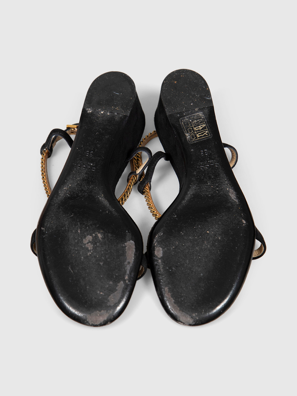 Gucci Black Suede Chain Strap Wedge Sandals