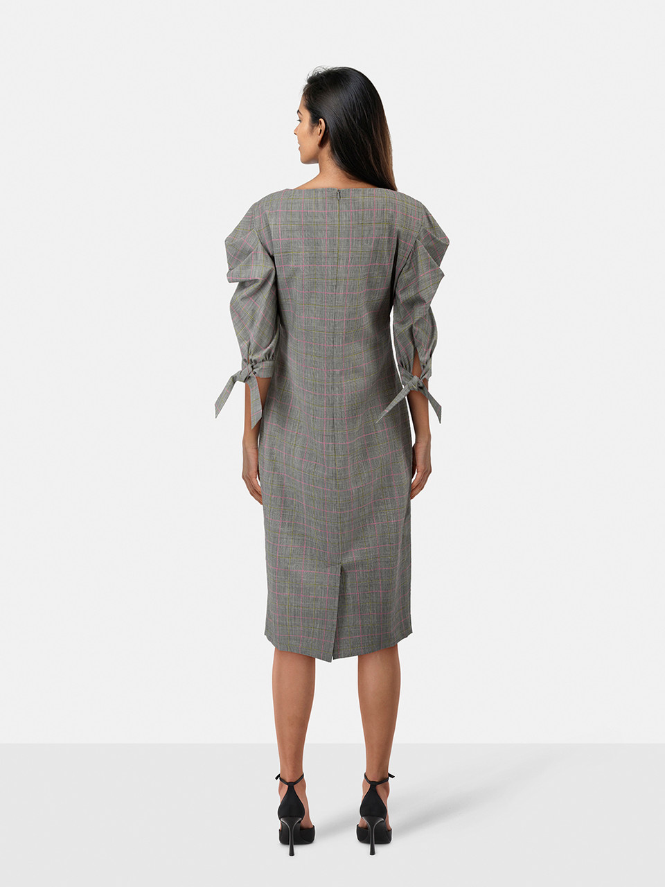 Alberta Ferretti Grey Tartan Ruched Sleeve Dress