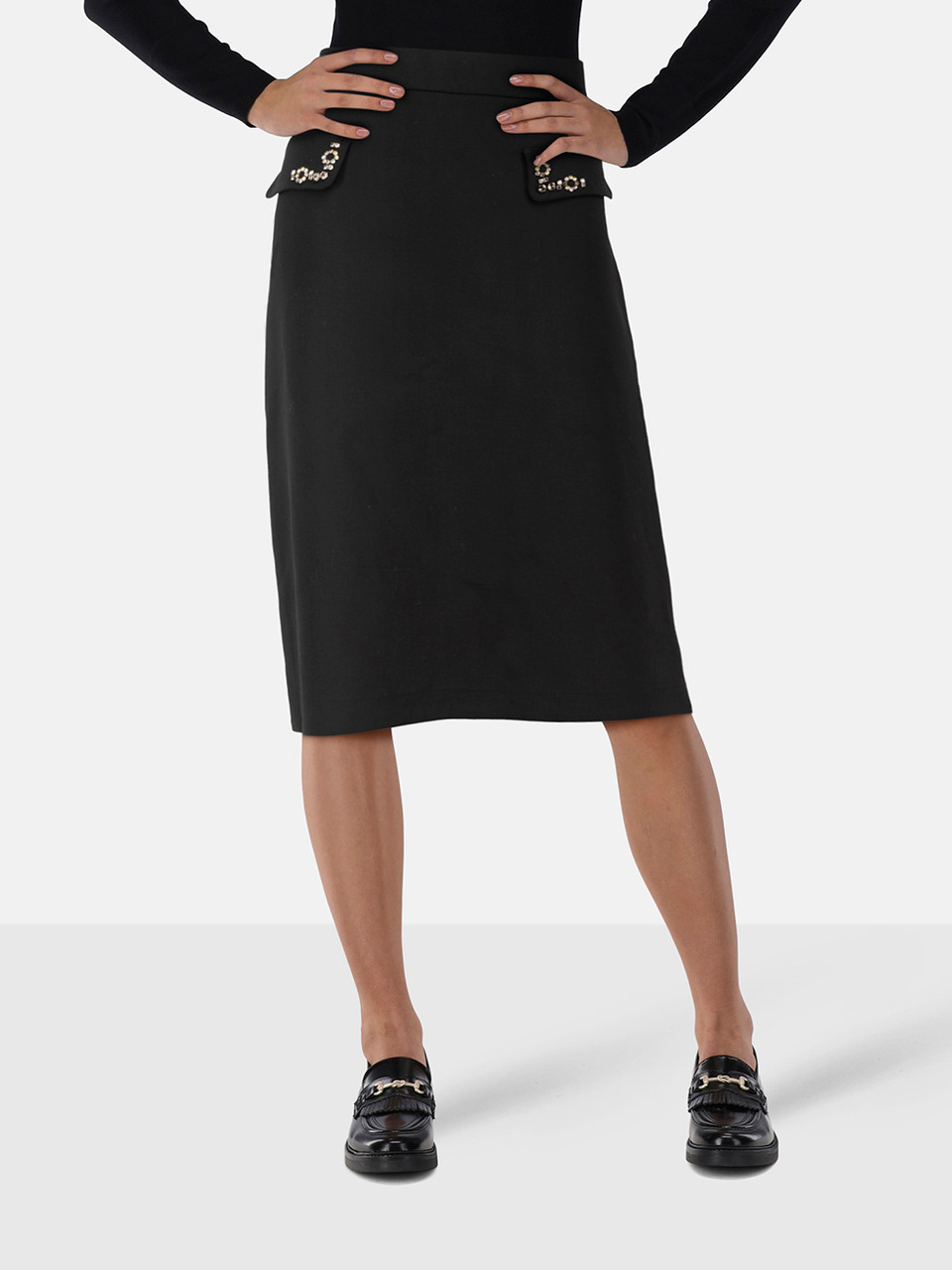 Max Mara Black Embellished Pockets Midi Skirt