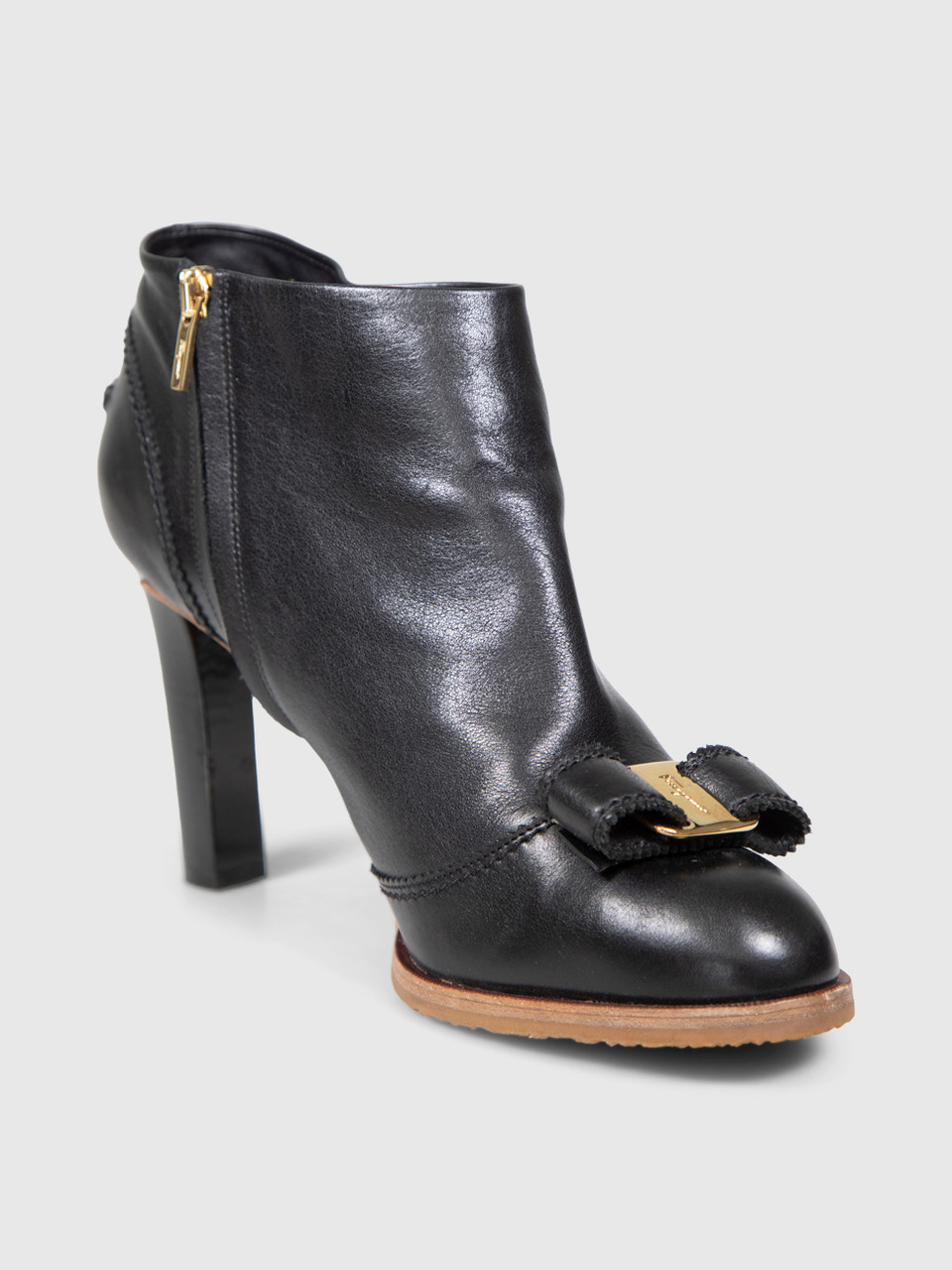 Salvatore Ferragamo Black Leather Bow Heeled Boots