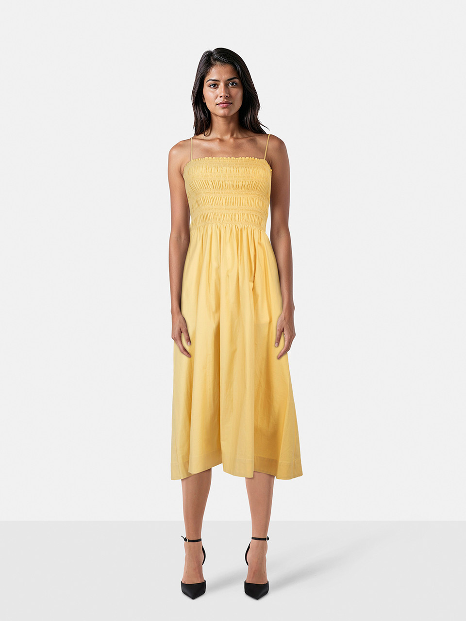 Reformation Yellow Ruched Bodice Midi Dress