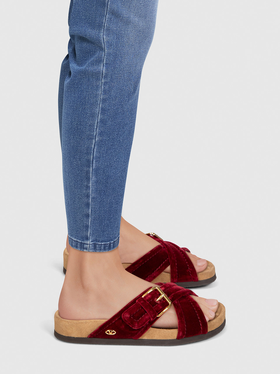 Valentino Garavani Red Velvet Buckle Strap Slides