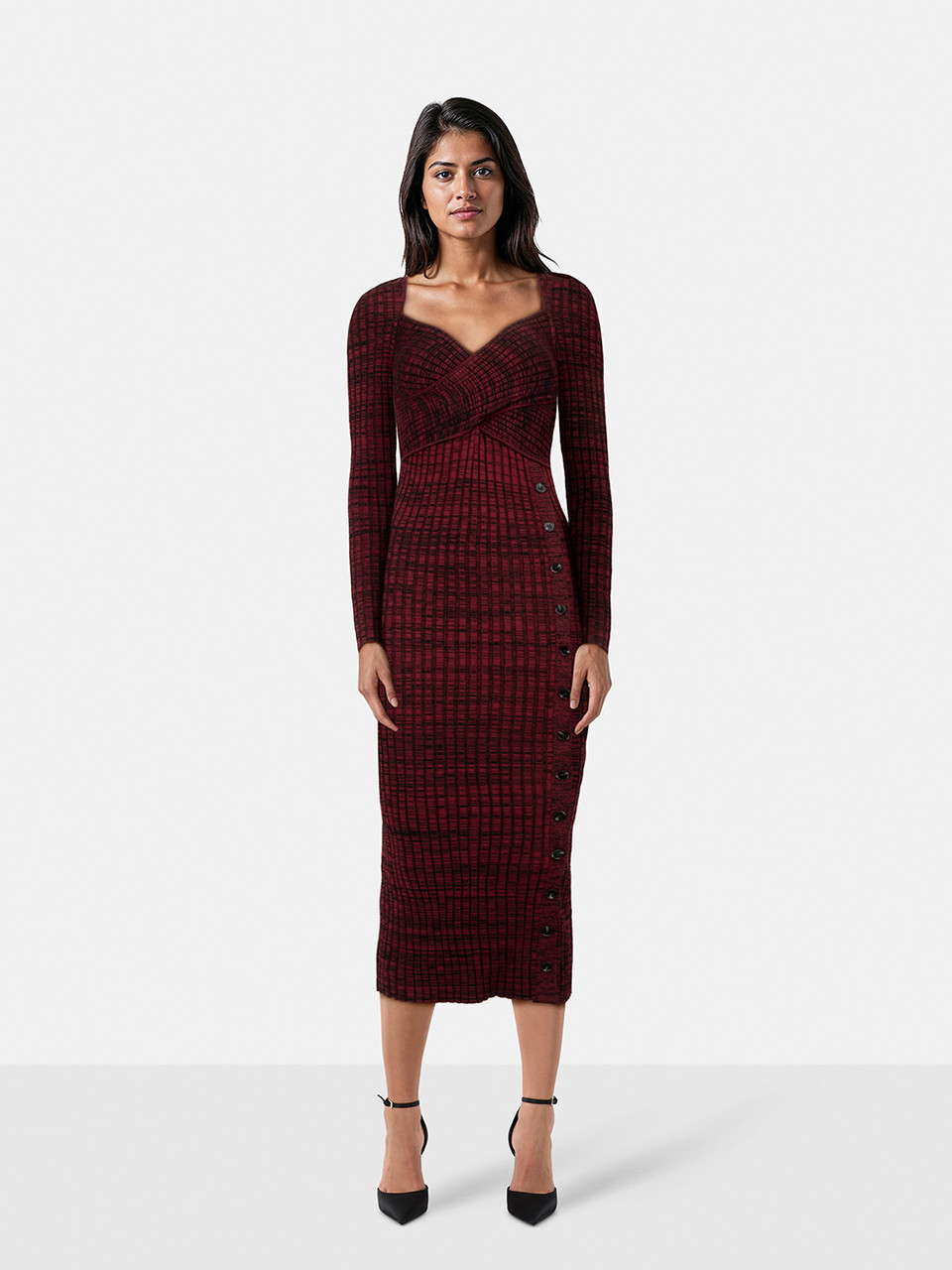 Self-Portrait Burgundy Ribbed Knit Midi Dress