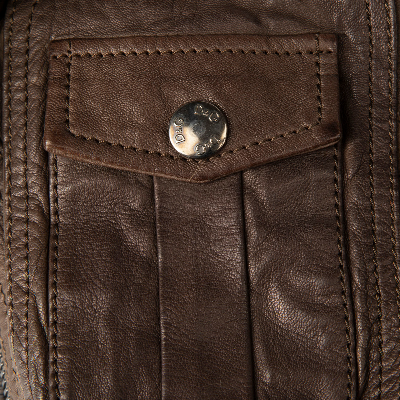 Dolce & Gabbana Brown Leather Rib Knit Trim Jacket