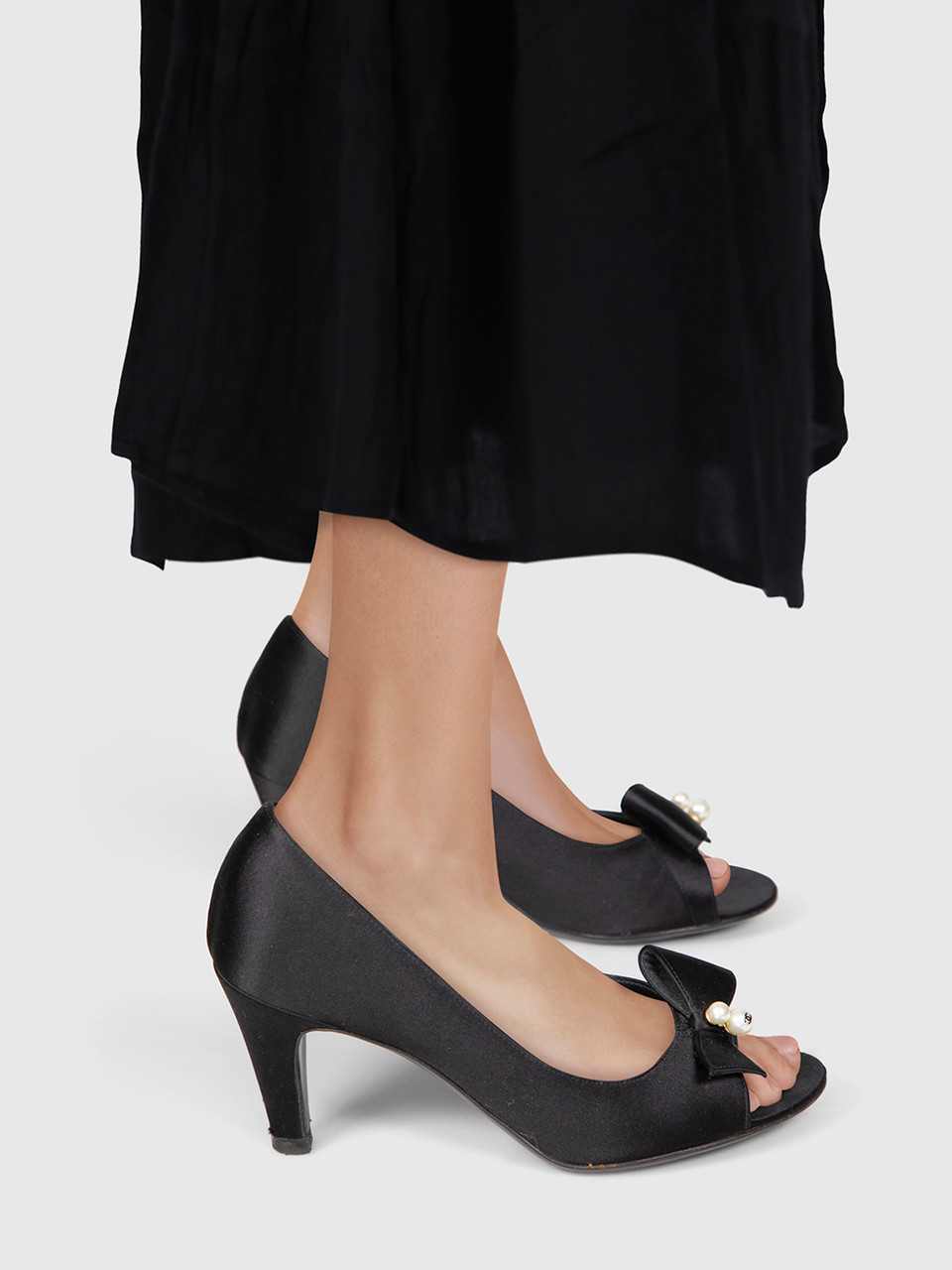 Chanel Black Satin Pearl Detail Heels