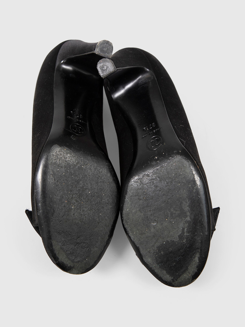 Chanel Black Satin Pearl Detail Heels