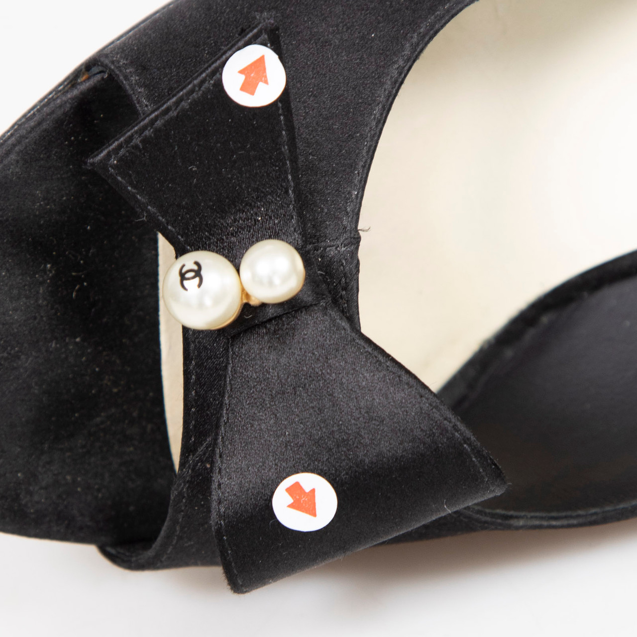 Chanel Black Satin Pearl Detail Heels