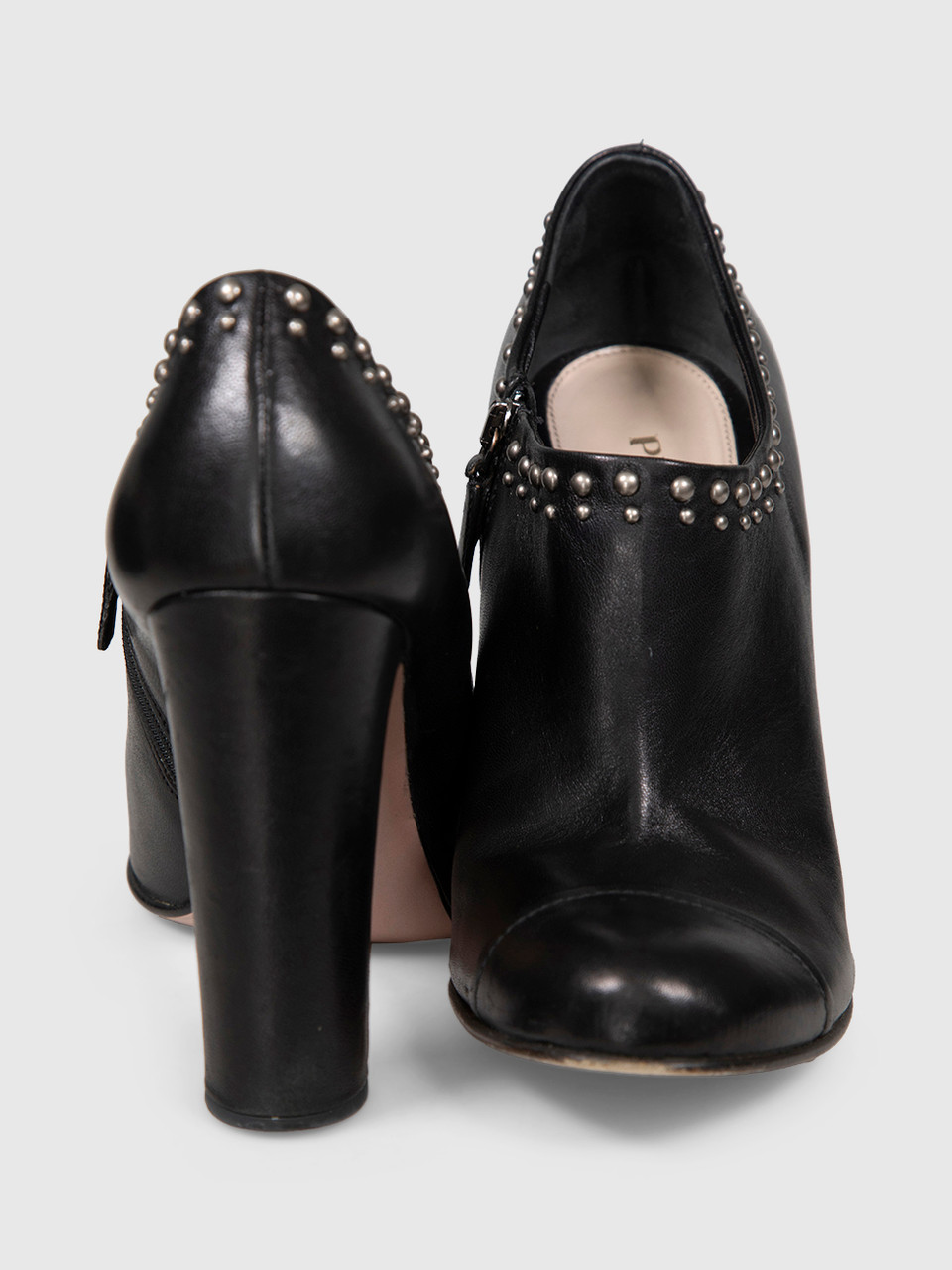 Prada Black Leather Studded Ankle Boots