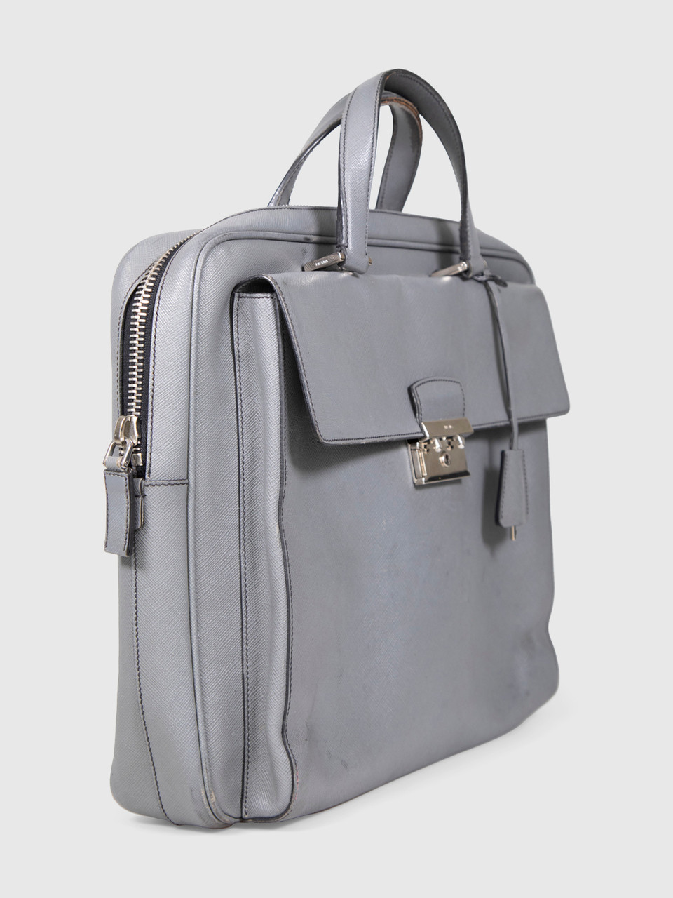 Prada Grey Saffiano Leather Briefcase Bag