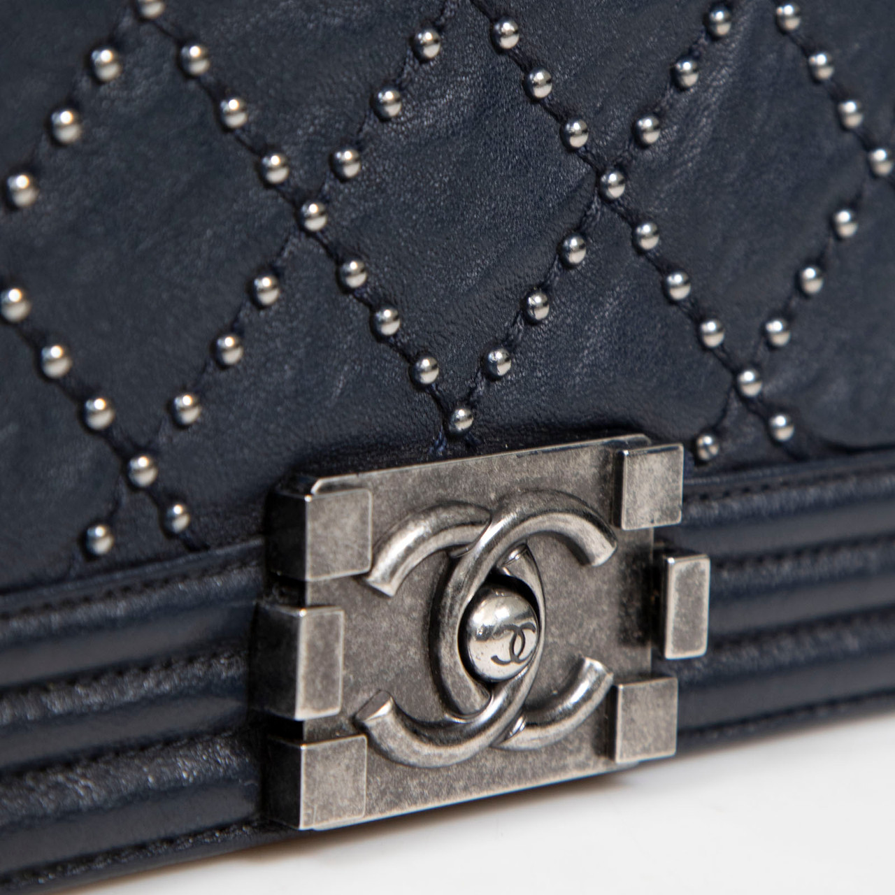 Chanel Vintage Navy Leather Studded Boy Bag