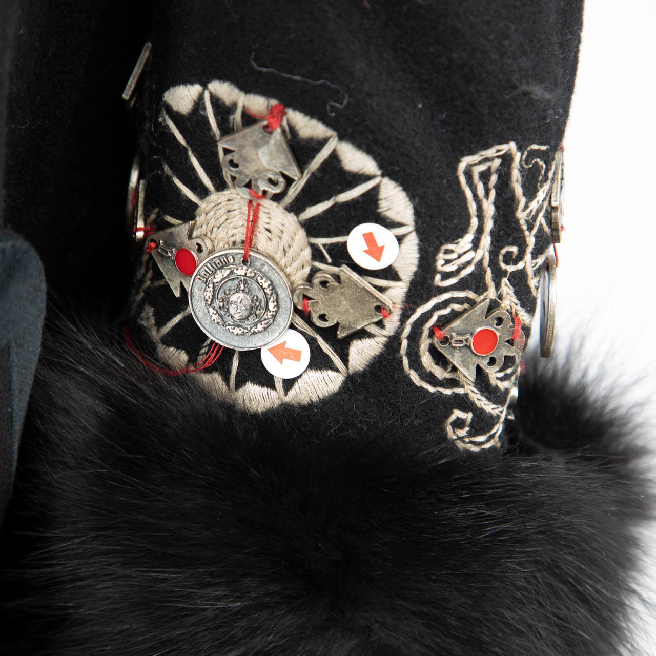 John Galliano Black Wool Fox Fur Cuff Long Coat