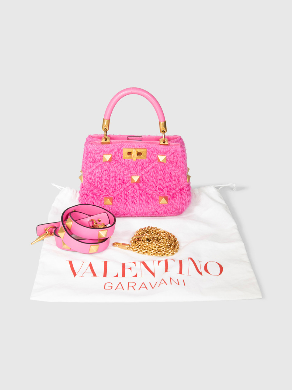 Valentino Garavani Pink Roman Stud Knit Top Handle Bag