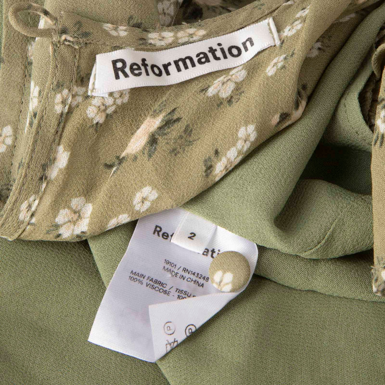 Reformation Green Floral Mid Sleeve Dress