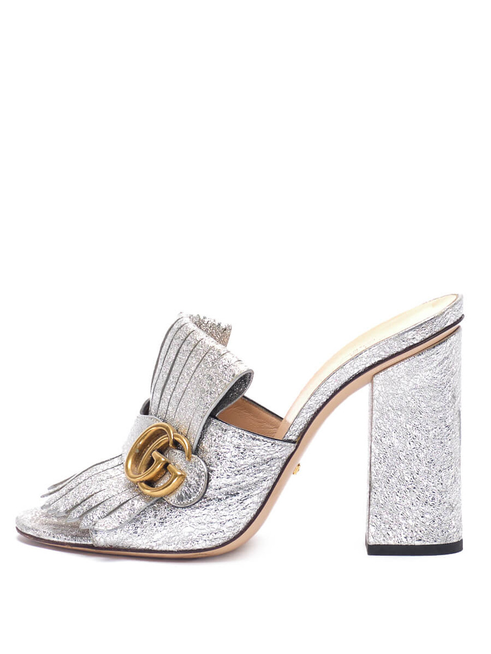 Silver Leather Metallic GG Marmont Fringed Mule Heels