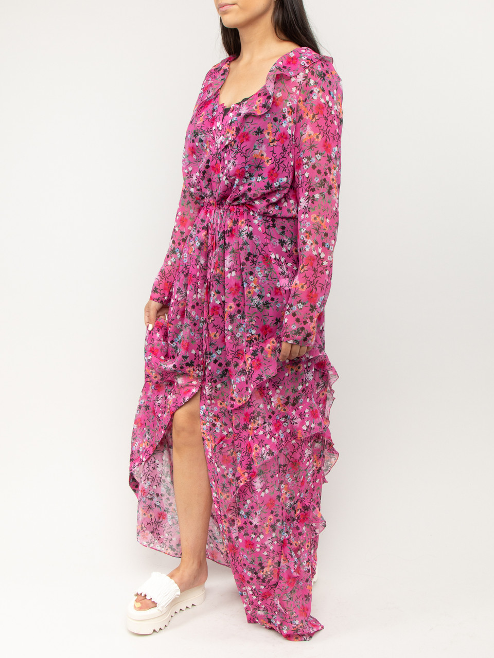 Saloni Sheer Printed Ruffle Maxi Dress