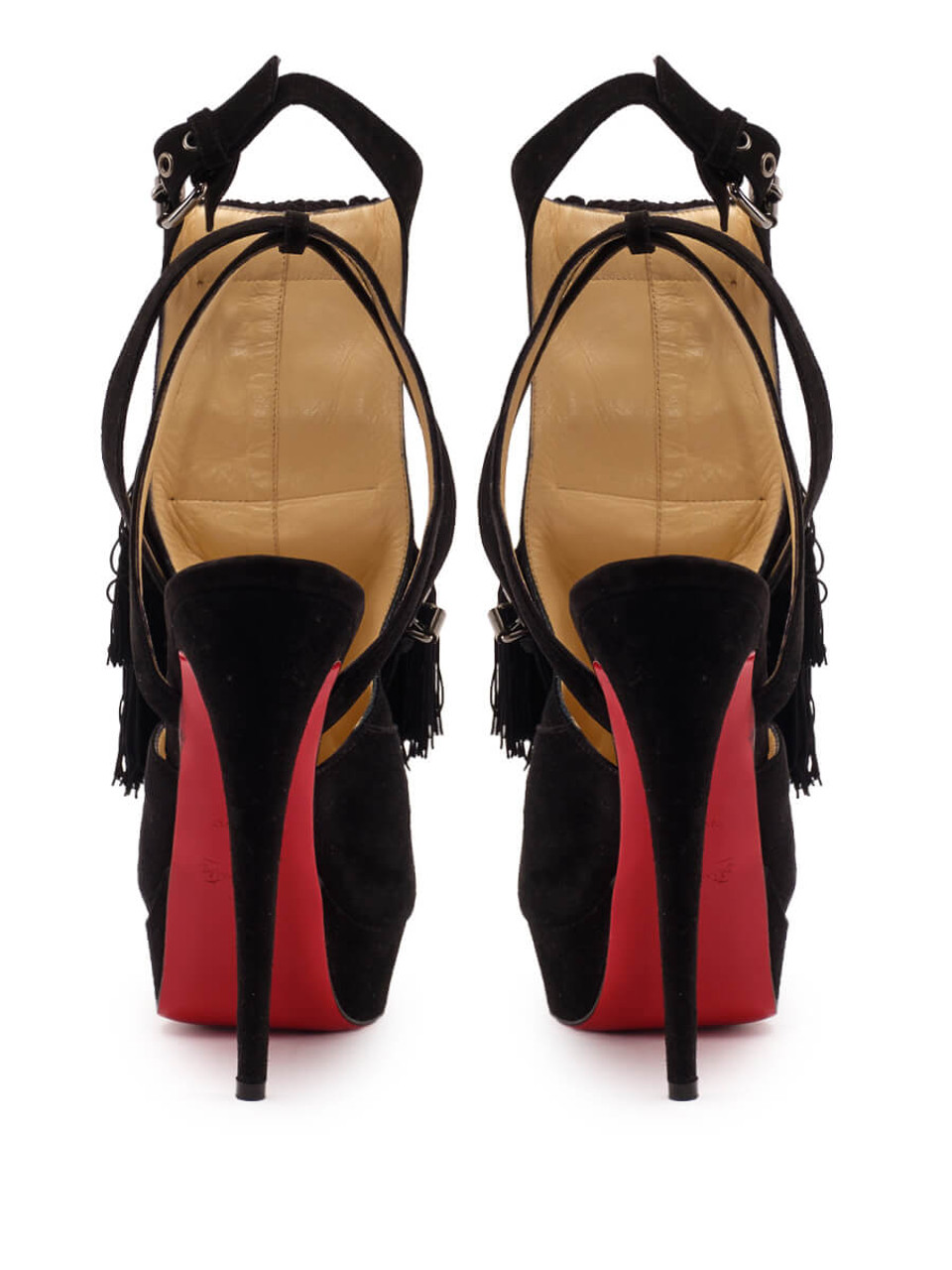 Women Christian Louboutin Fringe Peep-Toe Platform Heels -  Black Size 38.5 US 8.5
