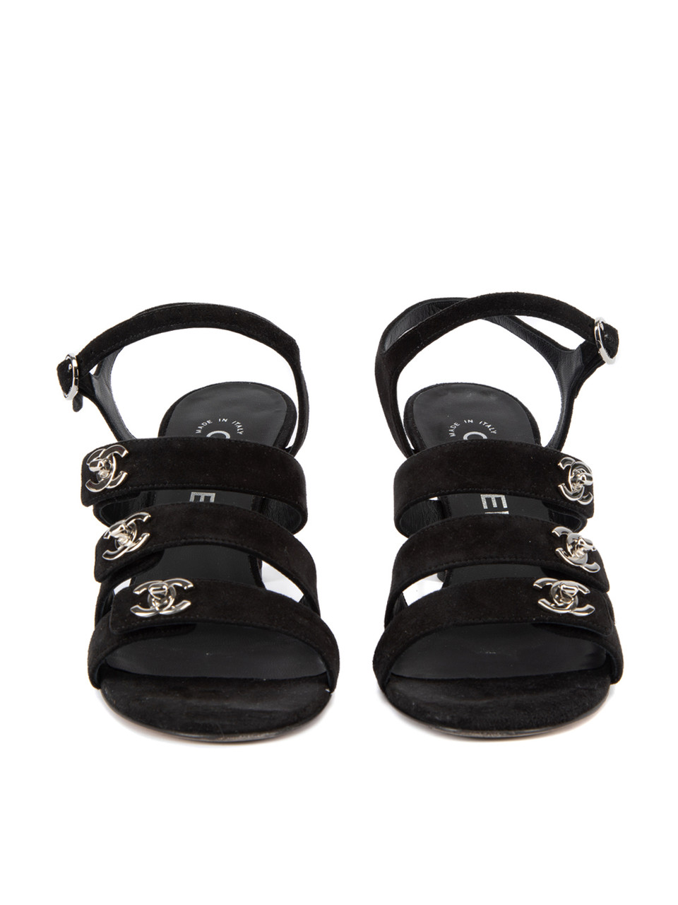 Chanel Black Suede CC Turn Lock Strappy Sandals