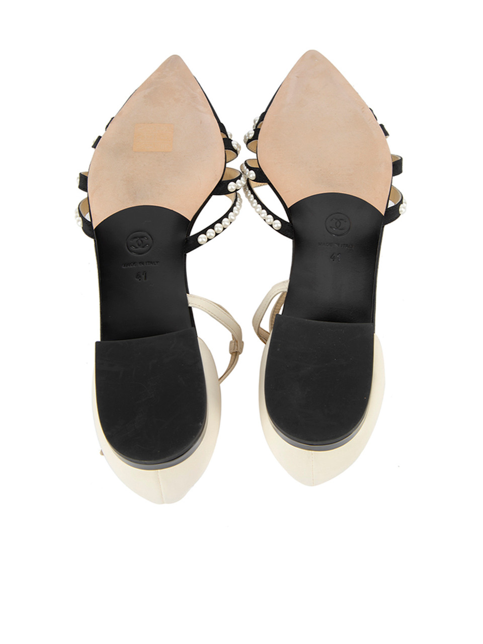 Chanel Black and Cream Pearl Detail Pointed Toe Ballet Flats