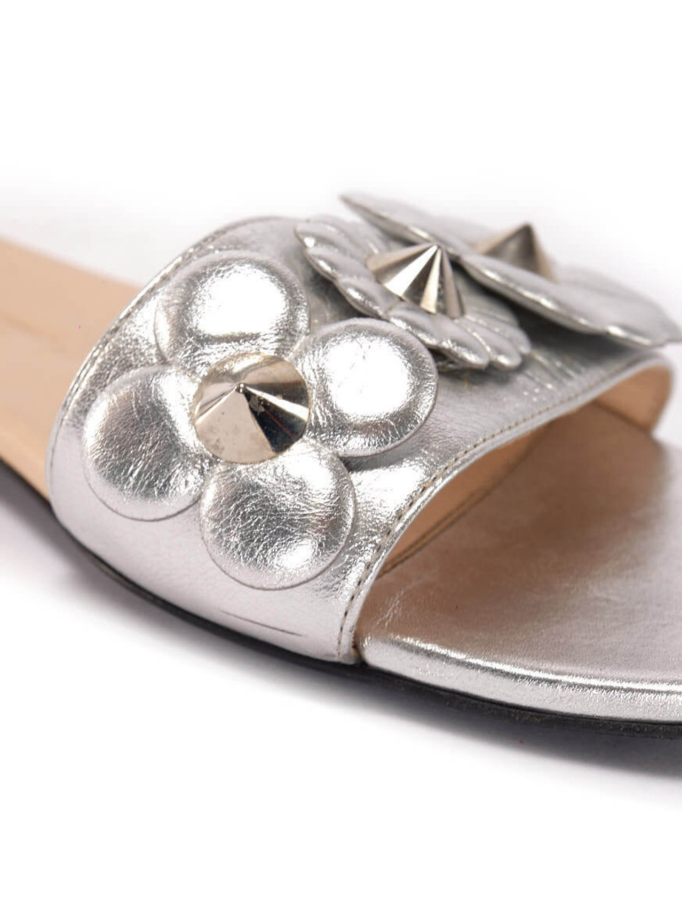 Women Fendi Metallic  Flowerland Slides - Silver Size UK 6 US 9 EU 39