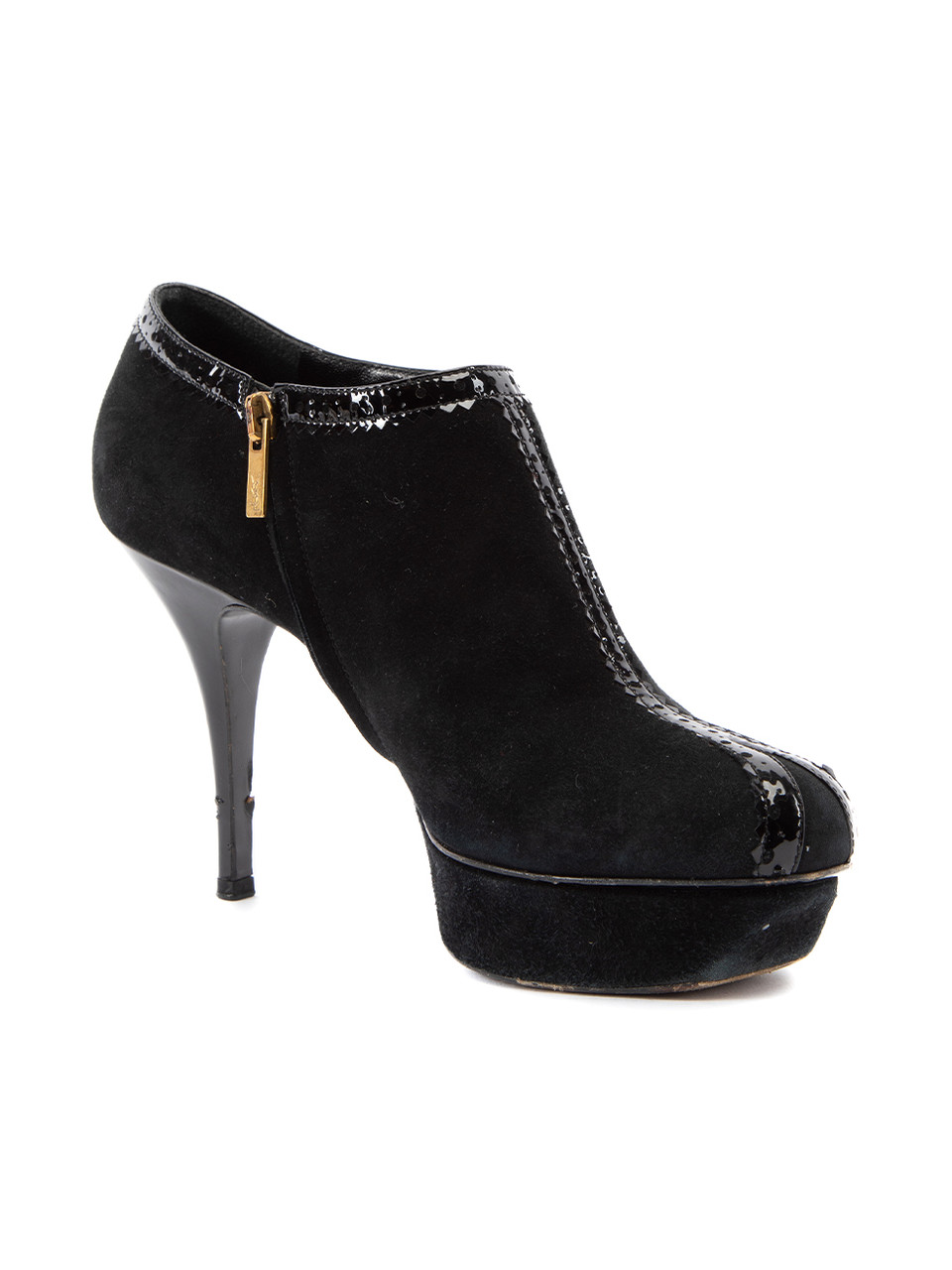 Saint Laurent Yves Saint Laurent Black Suede with Patent Leather Trim Platform Booties