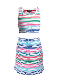 Women Chanel Striped Crop Top & Skirt Set - Multicolour Size M UK 10 US 6 FR 38 Women Chanel Striped Crop Top & Skirt Set - Multicolour Size M UK 10 US 6 FR 38